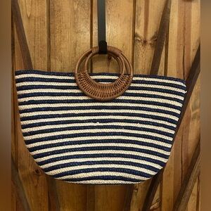 SOLD…. Stuff the blue, white striped red basket bag.- Country, Blessed Christmas